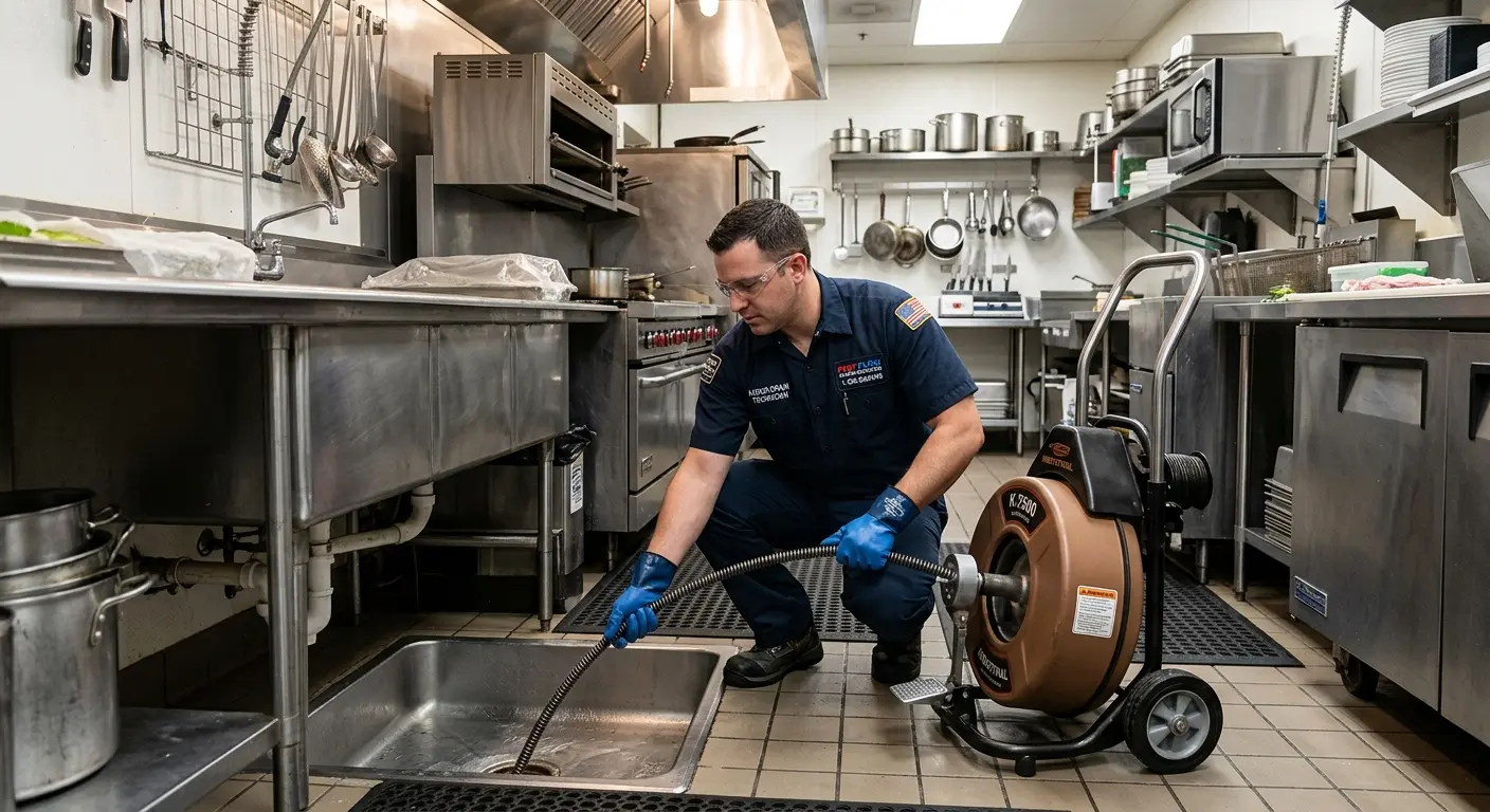 Commercial drain cleaning service in a restaurant kitchen in Benson