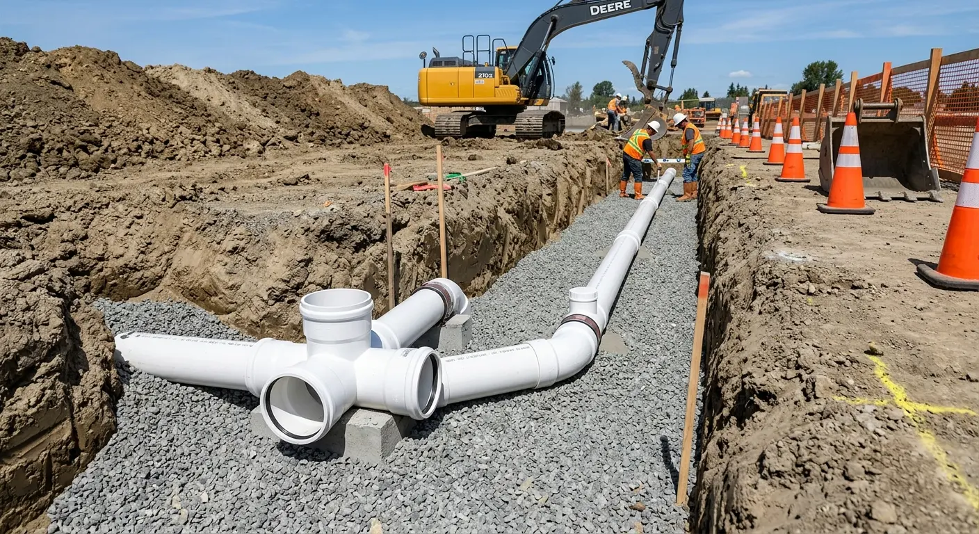 New PVC sewer pipe installation in open trench for Sewer Backup in Benson