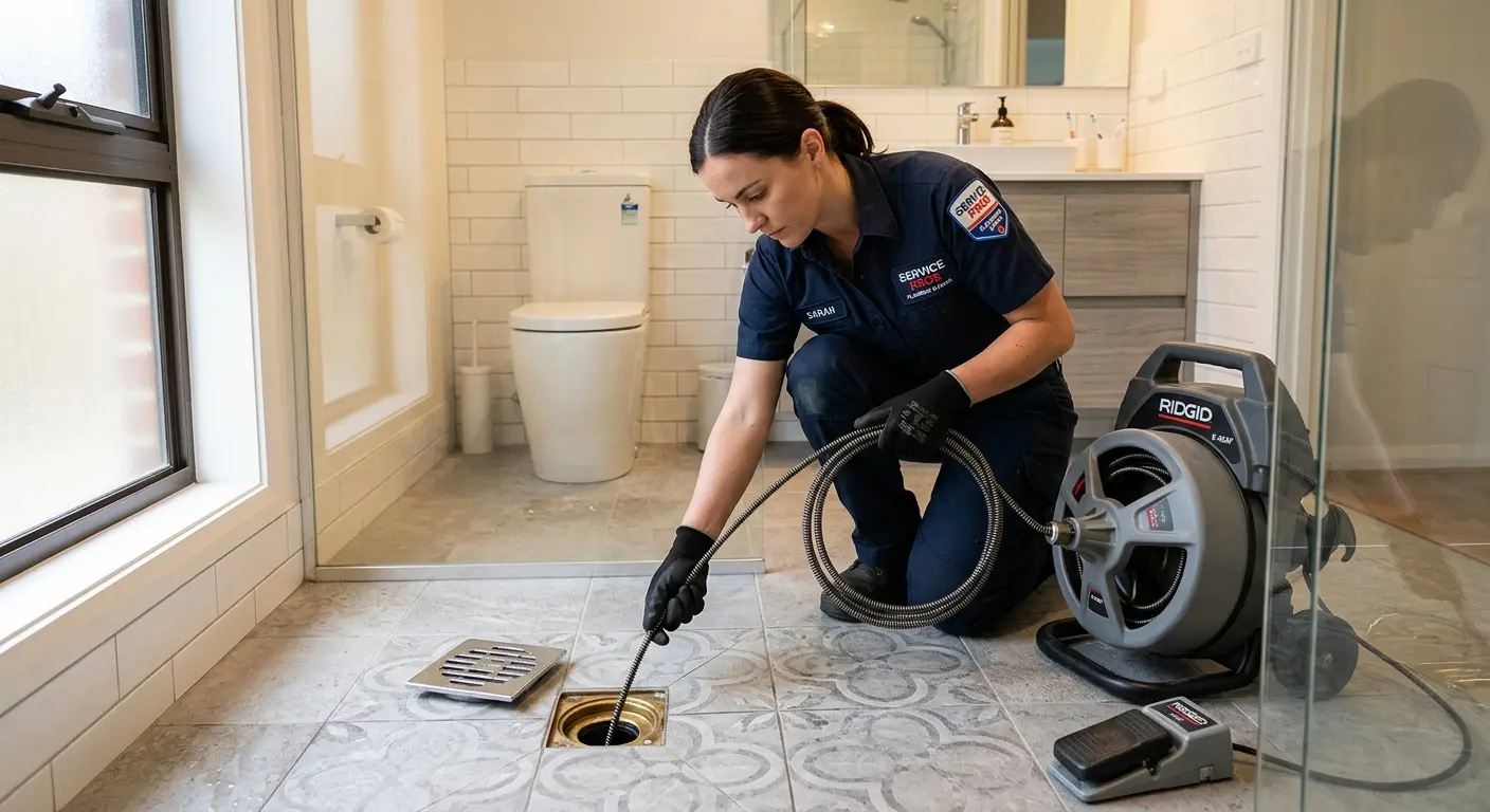 Technician clearing a bathroom floor drain for Sewer Line Replacement in Benson